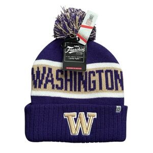 Washington Huskies Purple Gold Tan Knit Cuffed‎ Beanie Hat Pom Pom Cap